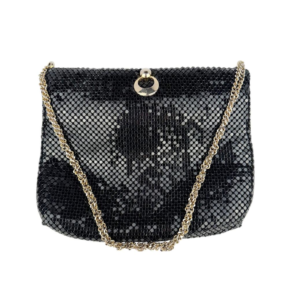 Vintage Whiting & Davis Black Gold Metal Mesh Glam Chain Metal Frame Clutch